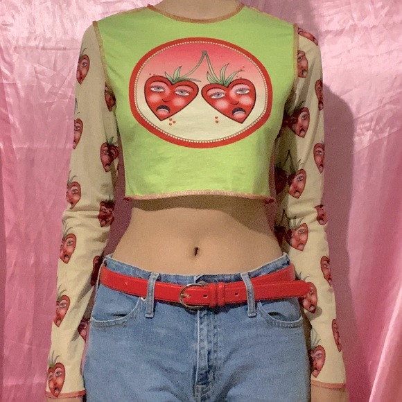 Y2K Cherry Art Lime Crop Top - Picture 1 of 2